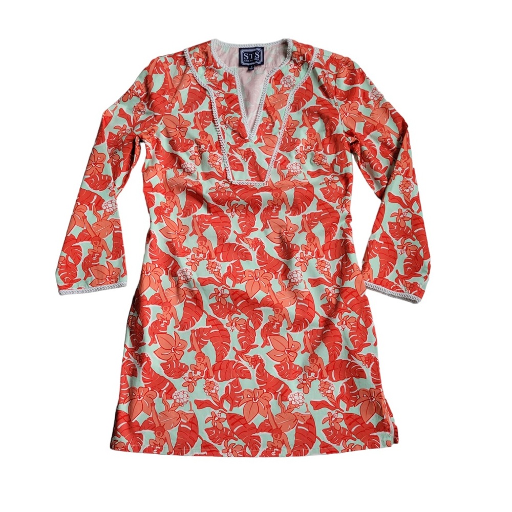 NWOT Sail to Sable Green Coral Red Floral with Monkeys Long Sleeve Tunic Dress